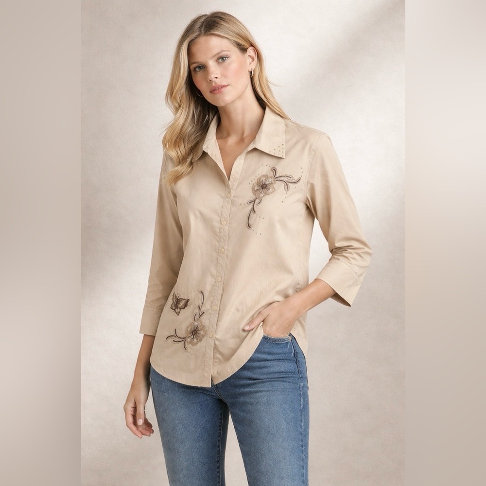 Beige Floral Embroidered Button Down Shirt Stud Collar 3/4 Sleeve Blouse Top L